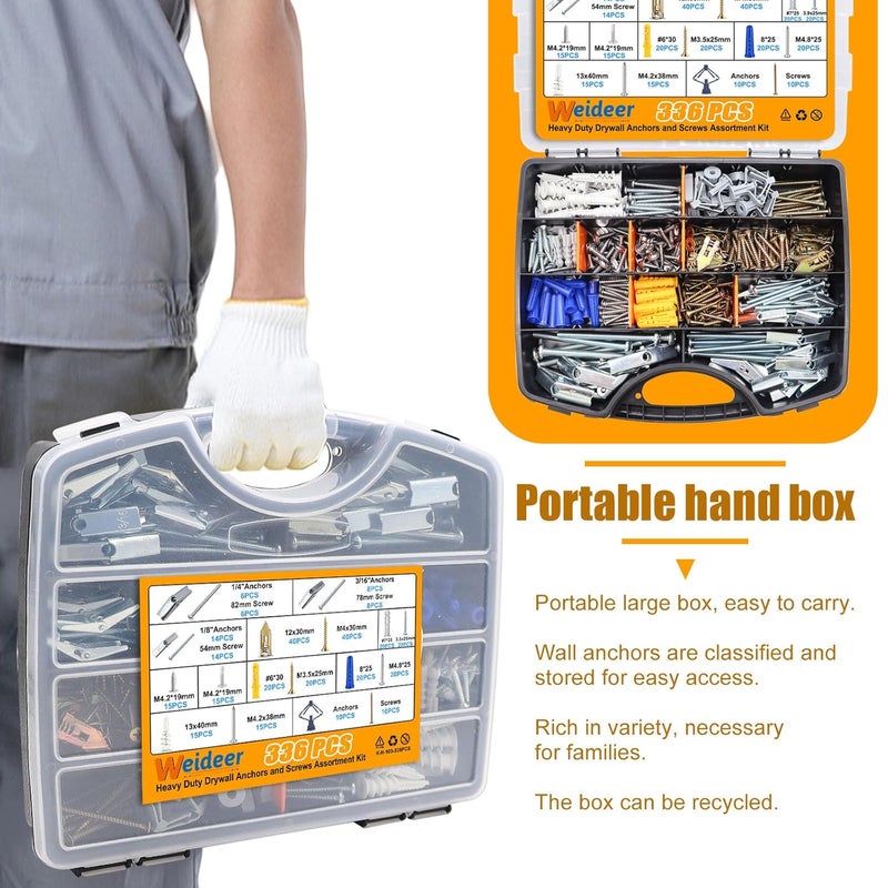 weideer 336PCS 11Sizes Drywall Anchors and Screws Assortment Kit,Toggle Bolts and Wing Nut Kit,Plastic Dry Wall Anchors with Wood Screws Handheld Box (1/4" 3/16" 1/8" #6#7#8 M8 M12 M13) - Image 3